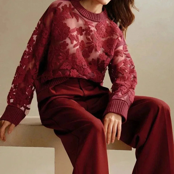 Sweaters - Burgundy Casual Women's Floral Pattern Round Neck Long Sleeve Knit Sweater